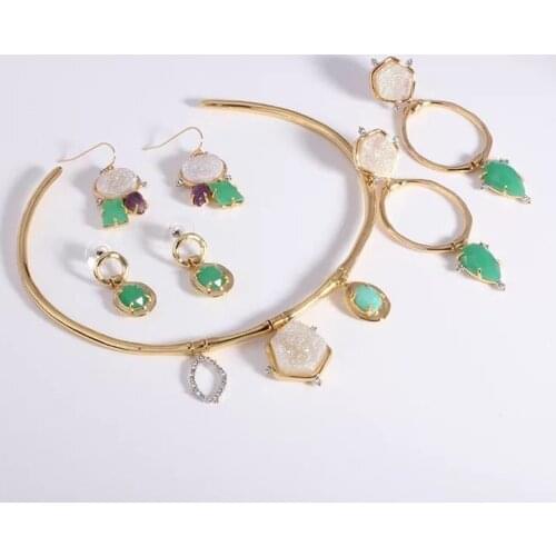 2018 Luxury Fashion Natural Geometric Stone Setting Cubic Zirconia Fashion Drop Earring Necklace Jewelry Sets