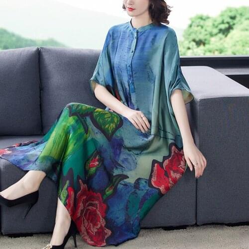Summer Loose Casual Print Mulberry Silk Midi Dress Elegant Women Bodycon Party Vestidos 2021 Spring Vintage 4XL Plus Size Dress