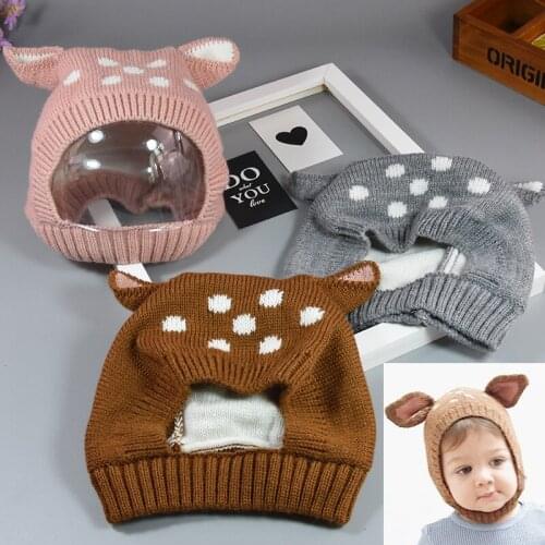 Cute Baby Hat With Deer Ear Warm Knitted Kids Girl Boy Autumn Winter Bonnet Hat Dot Printed Infant Toddler Beanie Cap
