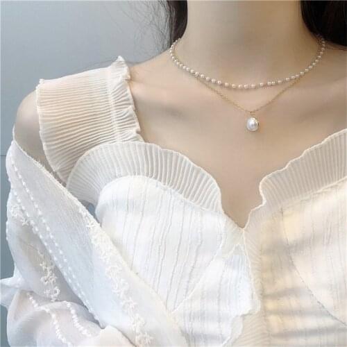 Trendy 2021 New Fashion Kpop Pearl Choker Necklace Korean Cute Double Layer Chain Pendant For Women Jewelry Girl Gifts