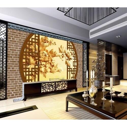 Wall Peony Wood Carving TV Backdrop Peony Fresco photo wall murals wallpaper Home Decoration