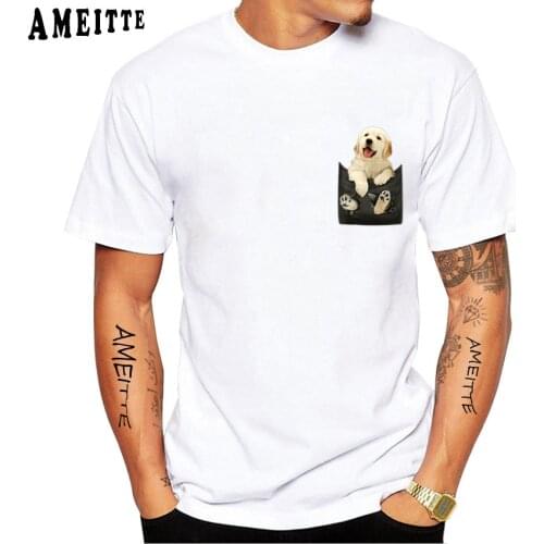 New Summer Mens Short Sleeve Golden Retriever In Pocket Puppy Design T-Shirt Funny Dog Print Hipster White Tee Tops