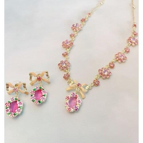 New Romantic Sweet Pink Bow Gem Necklace Earrings for Women Fashion Jewelry Accessories Cute Elegant Good Gift