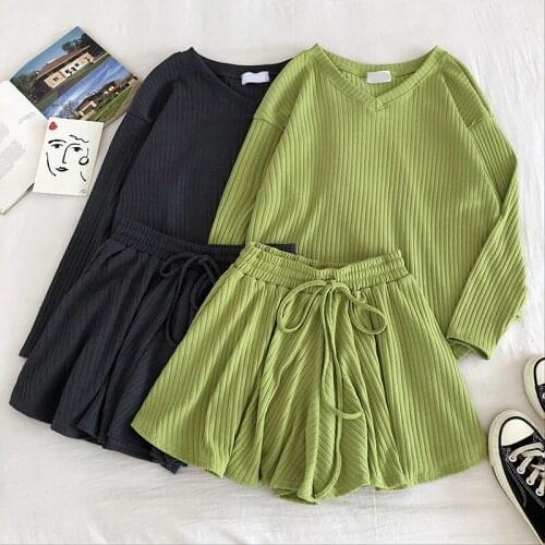 Solid Simple Shorts Sets V Neck Long Sleeve Knitted Tops + High Elastic Wasit Short Femme Korean Fashion Two Piece Set Women
