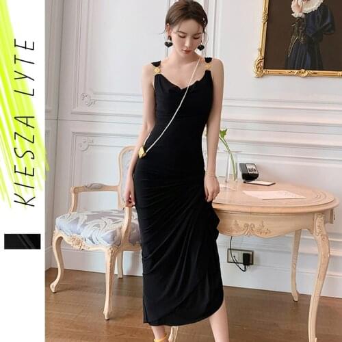 Autumn Dress 2021 Vintage Metal buckle Sexy Holiday Beach Stretchable Straps Midi Black Party Slim Dresses