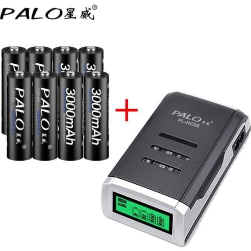 PALO High Quality LCD Intelligent Battery Charger For AA AAA NiCd NiMh Rechargeable Battery +8pcs 3000mah AA rechargeableBattery