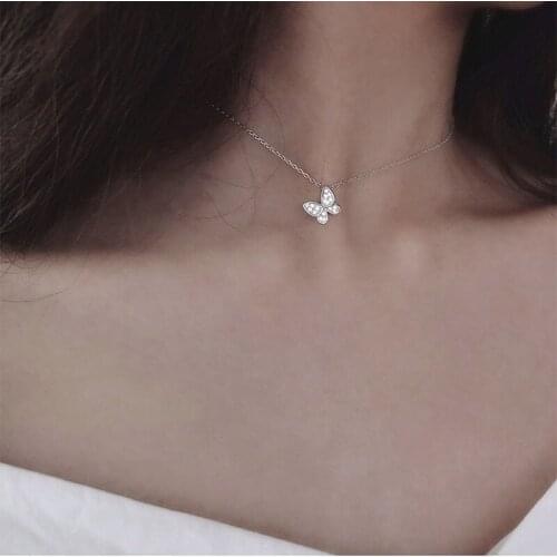 POPACC 925 Sterling Silver Sweet Zircon Crystal Butterfly Necklaces For Women choker collares Wedding Jewelry