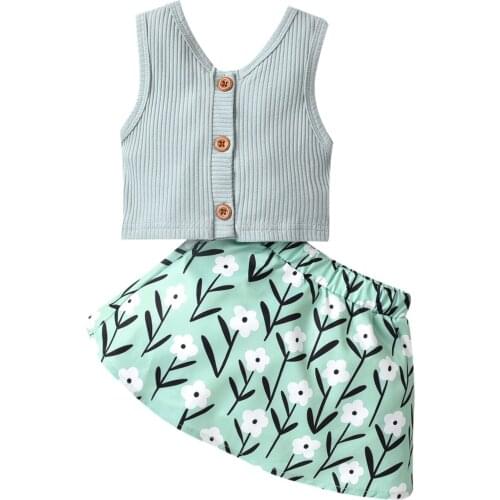 2 Pcs Infant Casual Summer Outfits Baby Girl Sleeveless Ribbed V-Neck Button Tank Top + Flower Print Elastic Waist Skirt (Green)