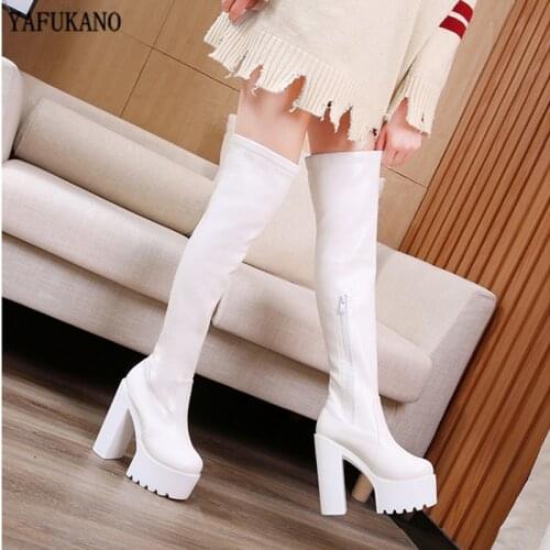 14Cm Super High Heels Square Heel High Boots Sexy White Over-The-Knee Boots PU Leather Platform Stovepipe Elastic Long Boots