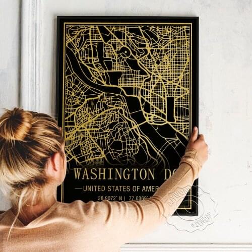 United States Of Amercia Washington Dc Black Golden Image Line Map Poster, Minimalism Amercia Geography Location Prints Decor