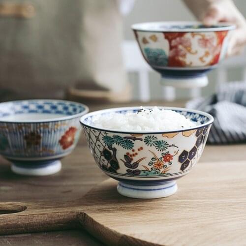 240ml Japanese-style Ceramic Painted Pattern Tall Rice Bowl Single Household 4.5 Inch Round Salad Dessert Bowl Kitchen Tableware