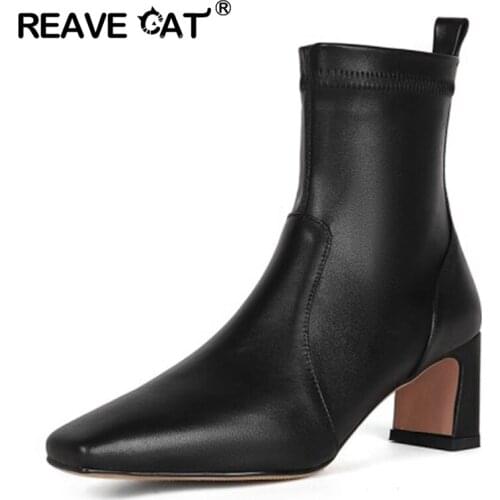 REAVE CAT Women genuine leather boots Ankle boots Pointed toe Slip on Soft footwear High quality Spring Autumn Fashion Solid Hot