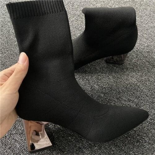 2021 Women Stretch Boots 7cm 9cm High Heels Fetish White Ankle Boots Stripper Low Heels Lady Warm Winter Chunky Quality Shoes