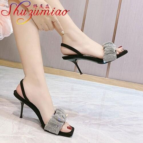 2021 Summer New Square End Slip-On Women Shoes Classic Black Flock Stiletto Shoes Fashion Shiny Vamp Office Party Female Sandals