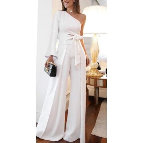 Workplace Womens Summer Suit One-shoulder top and Wide leg Pants Sexy waistless Two-piece Ladies Elegant White Female Set