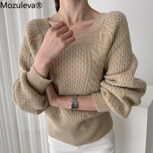 Mozuleva 2020 New Autumn Winter Women Sweaters Square Collar Pullovers Minimalist Knitted Elegant Ladies Vintage Tops femme
