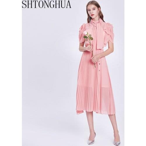 2020 Summer Women Elegant Puff Short Sleeve Chiffon Dress Female Office Party Robe Femme Stand Collar Pleated Dress Vestidos