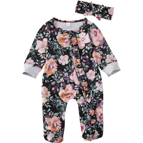 0-6M Cute Newborn Baby Girls Floral Romper Jumpsuit Headband Clothes Outfits