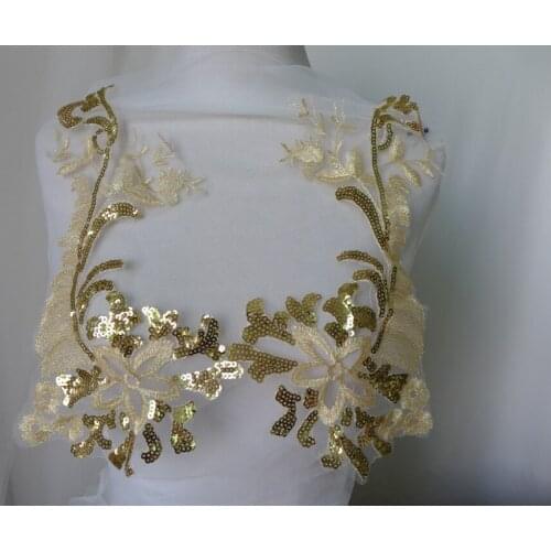 1 Pair Gold Sequined Lace Applique 33*16cm Embroidery Golden Sewing Trim For Wedding Dress, Costume Design