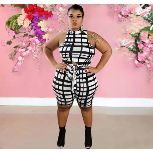 2021 Casual 2 Piece Set Plus Size Women Tracksuit Plaid Print Tops + Biker Shorts Matching Sets Streetwear Outfits 5XL