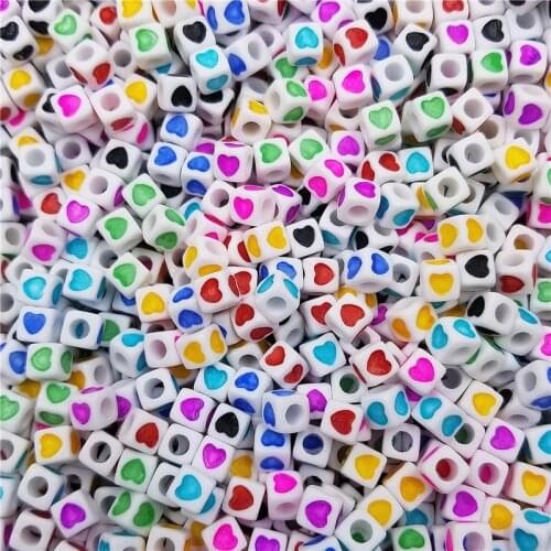 50pcs 7mm Acrylic block bead Loose Spacer Beads Square Heart Printed DIY Jewelry Accessories Necklace Bracelet Making Craft New