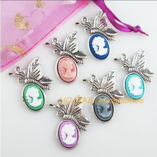 6 New Butterfly Charms Tibetan Silver Tone Retro Beauty Mixed Resin Pendants 22x29mm