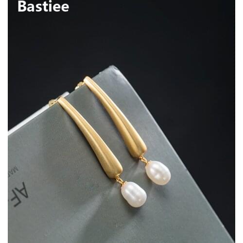 Bastiee Gold Plated Pearl Drop Earrings 925 Sterling Silver Jewelry For Women Elegant Earings Chinese Handmade Jewellery