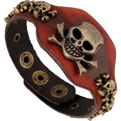 Gold Skull Wrap Genuine Leather Punk Bracelets For Men Women New Arrival Adjustable Bracelets
