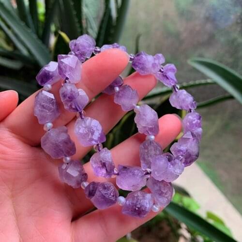 Reiki Healing Jewelry Purple Crystal Quartz Strecth Bracelets Birthstone Raw Mineral Pearl Charm Natural Amethysts Bracelets