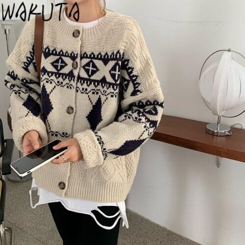 WAKUTA Loose Sweater Cardigan Women Japanese Fashion Vintage Outerwear Warm Sutumn Winter Long Sleeve Knitted Cardigans 9G229
