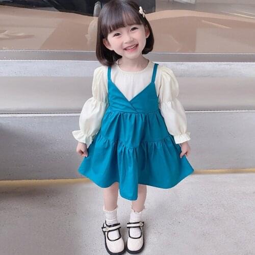 2021 Korea style girls patchwork dress fashion cotton autumn puff sleeve girls dresses kids clothes 2-7 years