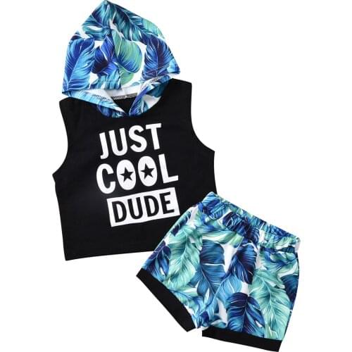 2021-04-01 Lioraitiin 0-12M Infant 2Pcs Set Kids Suit Boys Leaf Print Sleeveless Hooded Pullover Short Pants for Summer