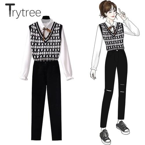 Trytree 2020 Spring Autumn Three Piece Women Sets Casual Argyle Knitted Vest + Bow Shirt + Hole Jeans Office Lady 3 Piece Set