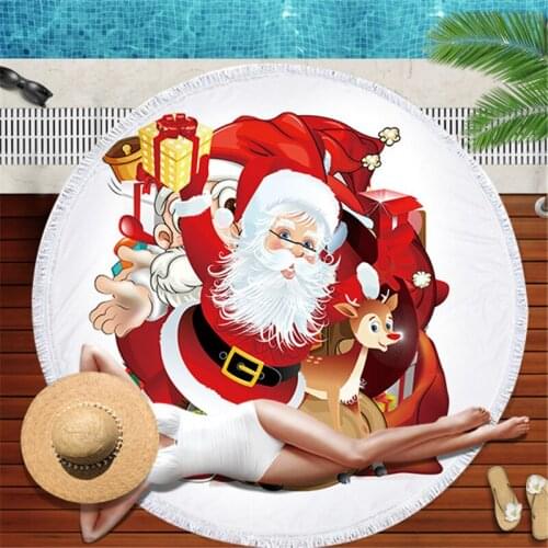 Summer Round Beach Towel Microfiber Large Bath Towel for Adults Kid Christmas snowmen Printed Toalla Tassel Tapestry