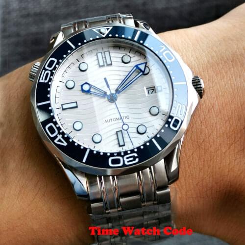 New 41 mm NH35 Miyota 8215 Automatic Mens Wristwatch Sapphire Glass White Wave Dial Date Display Ceramic Bezel Insert Bliger