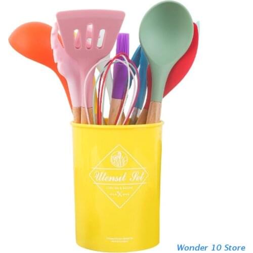12pcs Kitchen Silicone Cooking Utensil Set Nonstick Spatula Shovel Wooden Handle with Storage Holder