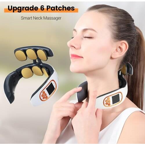 Upgrade 6 Patches Neck Massager 4 Modes Micro-current EMS Pulse Therapy Massage Relief Tool Hot Compress Heating Function
