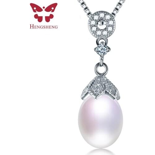 HENGSHENG Hot Sale Genuine Natural Freshwater Oval Pearl Necklace 925 Sterling Silver Circle Zircon Pendant Necklace For Lady
