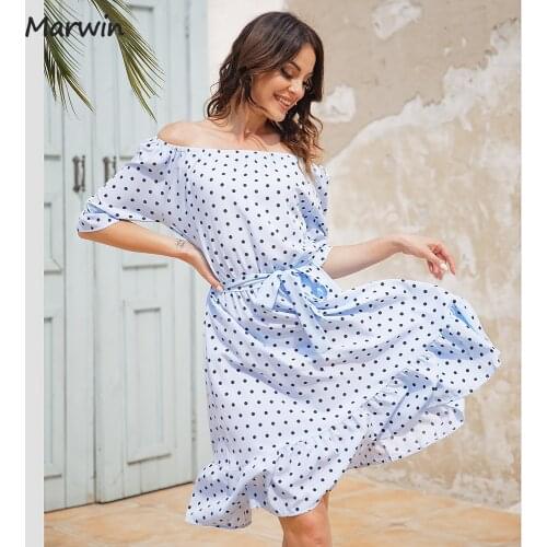 Marwin Long Simple Casual Dot Slash Neck With Belt Holiday Style High Waist Fashion Mid-Length Summer Dresses NEW Vestidos