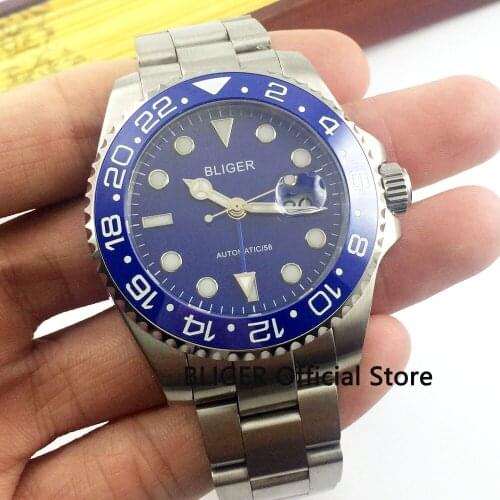 Sapphire Crystal BLIGER 40mm Blue Dial Ceramic Rotating Bezel Luminous Marks Blue GMT Pointer Automatic Movement Mens Watch
