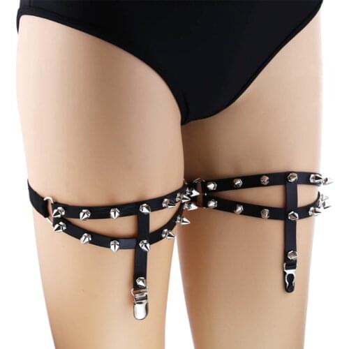 Sexy women double row leg ring rivets spiked socks garter punk goth harajuku handmade leather strap hanging clip