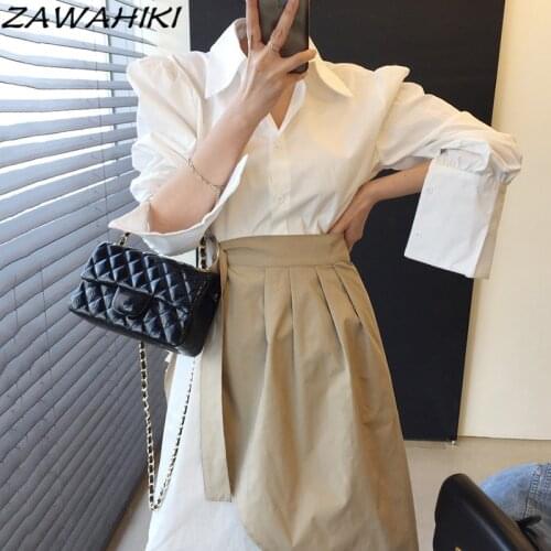 ZAWAHIKI Chic Temperament Lapel Single-breasted Irregular Shirt Dress Solid Slim High Waist Wrap Lace Pleated Skirt Women Suit