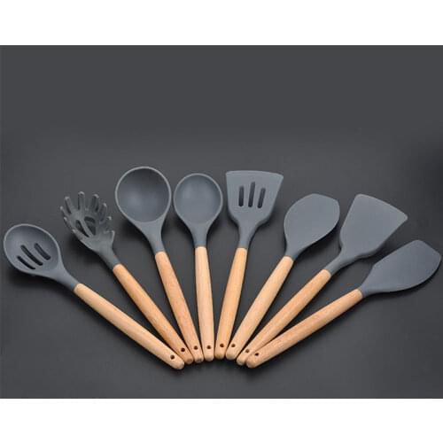 8 In 1 Silicone Cooking Set Non-stick Spoon Shovel Kitchen High Temperature Wooden Handle Shovel Soup Spoon Rice Spoon