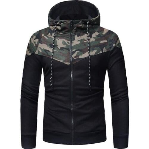 Mens Hooded Sweatshirt Classic Camouflage Patchwork Hoodies Long Sleeve Casual Slim Type Zipper Cardigan