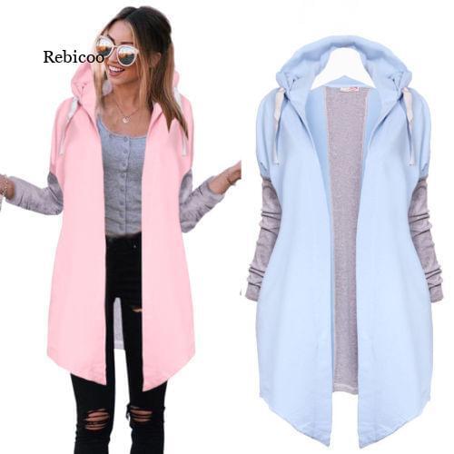 New Autumn Women Hoodies Color Block Drawstring Hooded Fashion Splicing Open Female Casual Loose Hoodies