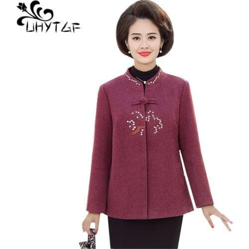 UHYTGF 4XL plus size coat female fashion embroidered short wool coat collar collar loose casual autumn winter jacket women 550