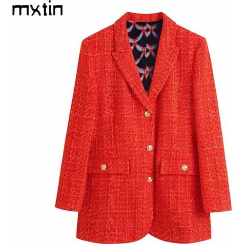 MXTIN 2021 Women Autumn Vintage Red Tweed Pockets Blazers and Jackets Fashion Single Breasted Long Sleeve Female Blazer Coat