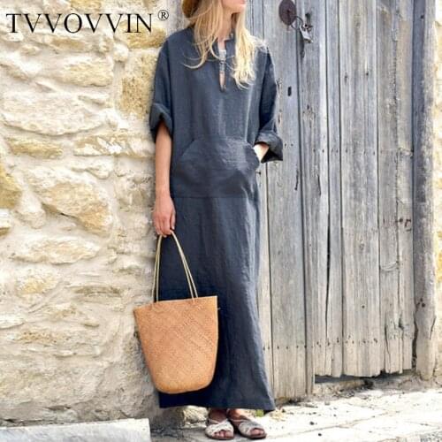 Plus Size Vintage Linen Dress 2020Autumn Sexy Deep V Neck Split Big Size Casual Party Women Kaftan Long Maxi Dress Vestidos V268