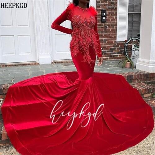 Long Train Red Mermaid African Evening Dress With Long Sleeves Chic Bead Crystal Feather Black Girl Pageant Dresses Custom Made