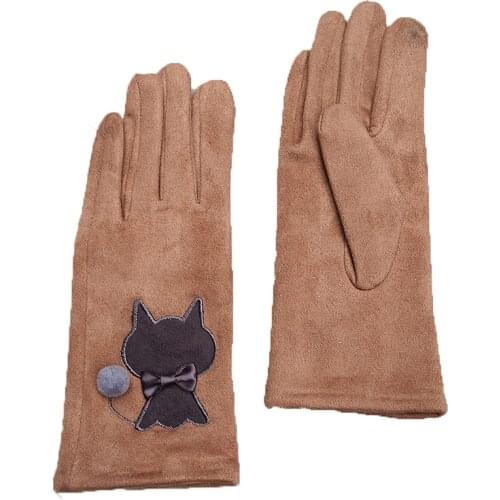 Winter Women Suede Leather Plus Velvet Thicken Cycling Warm Mittens Lovely Cartoon Cat Embroidery Touch Screen Driving Glove D92